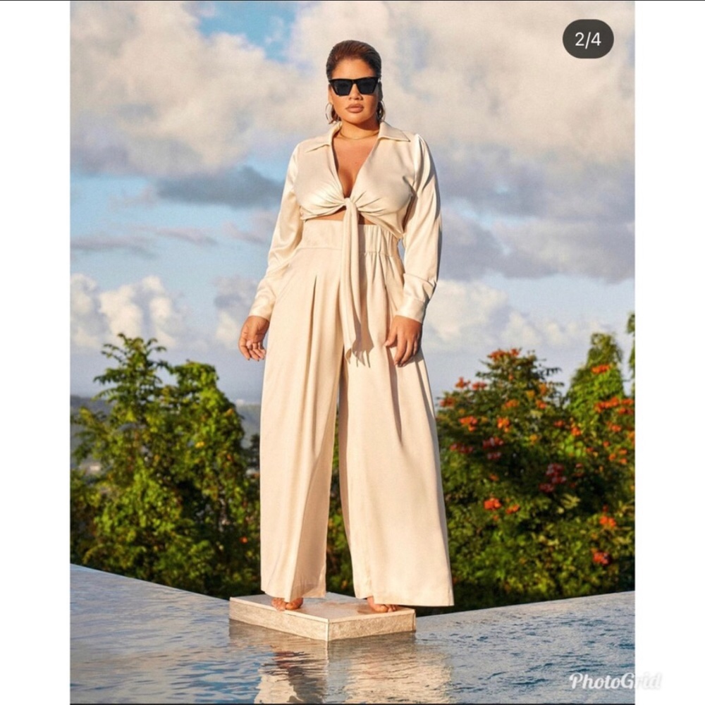FTF Tie Front Satin Top & Bottom Set 0X